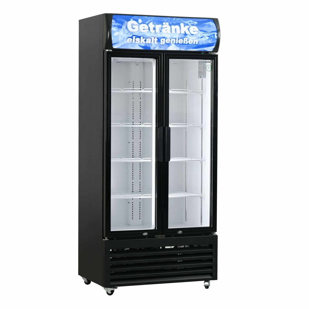 Large Beverage Refrigerator for Supermarkets - With Two Doors, 4 Wheels, LED, Advertisement Display - GCDC600