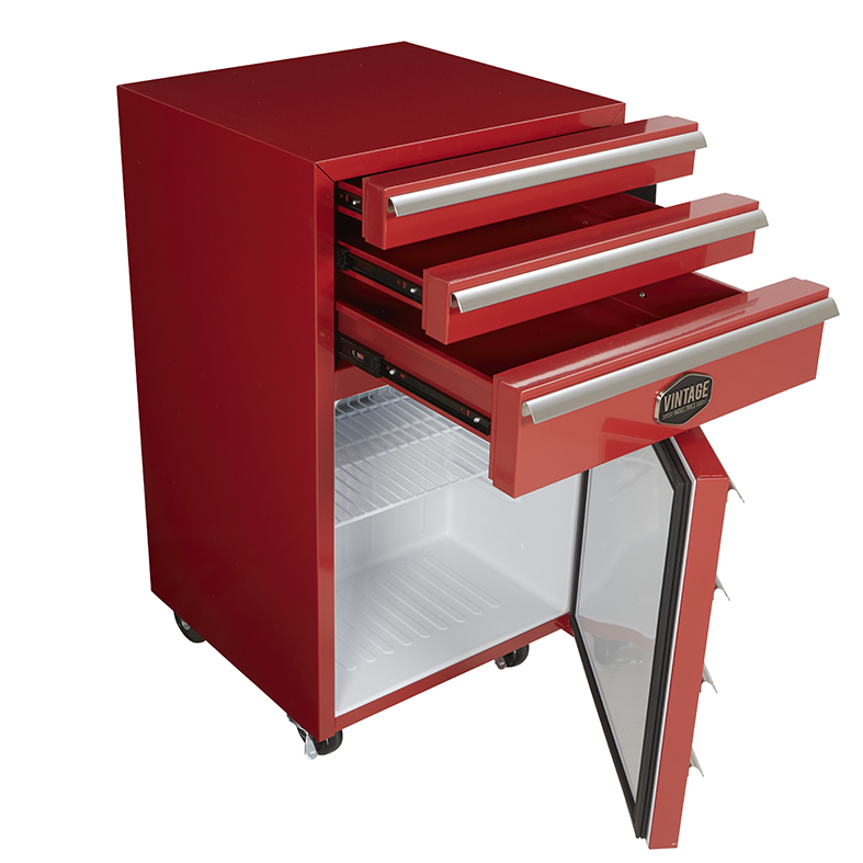 Mobiler Werkzeugwagen Kühlschrank - Industriedesign Minibar 50L mit Schubladen und Rädern - Rot/Schwarz - Design Kühlschrank für Werkstatt, Garage und Man Cave